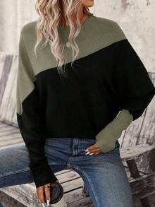 SHEIN LUNE 双色蝙蝠袖卫衣 毕业典礼、返校服装、毕业典礼、女士教师服装、秋冬返校 - 軍綠色 - 查看 4