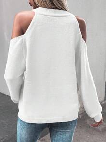 EMERY ROSE Women's Fashionable Solid Color Off-Shoulder Cardigan, Autumn - White - View 2