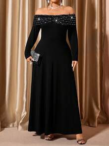 Plus Size Women Elegant Off Shoulder Dress, Suitable For Party And Date - Black - View 4