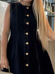 Cioccolato 女式牛仔无袖迷你紧身连衣裙，蓝色女式牛仔连衣裙纽扣连衣裙牛仔修身喇叭裙 - 深色水洗藍 - 查看 3