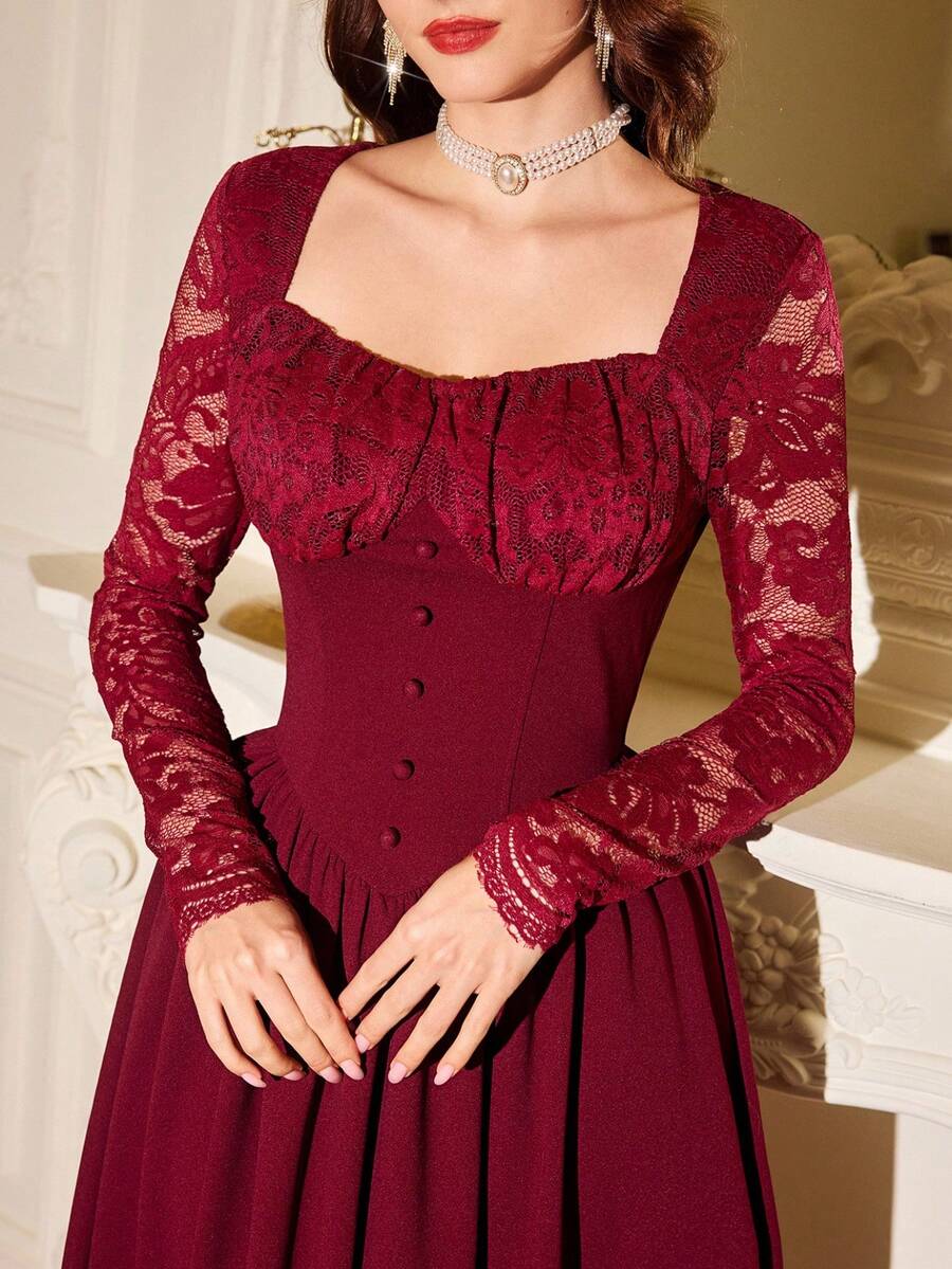 Vintamour 大码复古优雅女士连衣裙，带口袋，蕾丝紧身胸衣，心形领口，褶皱设计，适合度假派对、正式场合、夏季、长款夏季连衣裙、夏季服装、夏季度假装、春季女装、春假装、春季服装、春季连衣裙、情人节装、情人节连衣裙、情人节优雅派对连衣裙、优雅女士连衣裙 - 酒紅色 - 查看 1