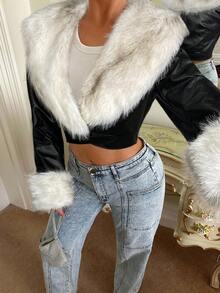 SHEIN SXY 女式仿皮草和皮革拼布短款夹克，冬季 - 黑色 - 查看 3