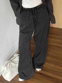Livesso 女士休闲条纹抽绳直筒裤，宽松商务风，秋冬季保暖内衬 - 黑色 - 查看 8