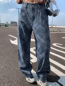 Livesso 女式时尚数码印花格子菱形水钻闪亮新年圣诞婚礼派对直筒休闲牛仔裤，秋季/春季 - 藍色 - 查看 2