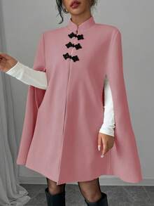 Selianne 优雅立领撞色中式纽扣斗篷斗篷女款，厚羊毛面料，秋冬 - 藕粉色 - 查看 6