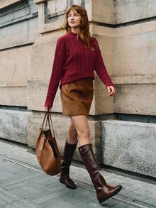 Écloséra Roupas femininas casuais, versáteis e elegantes, estilo francês vintage, para festas de outono/inverno, suéter vermelho com gola alta, manga comprida, ajuste solto e design floral em malha de corda, moda casual para negócios e festas modestas