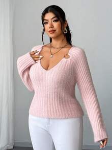 Elenzga Women's Regular Pink Casual Elegant Comfortable Temperament Solid Color Mink Chic Fur Deep V Neck Slim Fit Raglan Long Sleeve Metal Special-Shaped Ring Buckle Decoration Date Daily Party Plus Size Knitted Stretch SexyKnit Pullover Korean Style Top, Spring Fall Winter