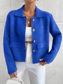 EURMUSE 1pc Solid Color Front Button Closure Elegant Knitted Long Sleeve Cardigan - Royal Blue - View 6