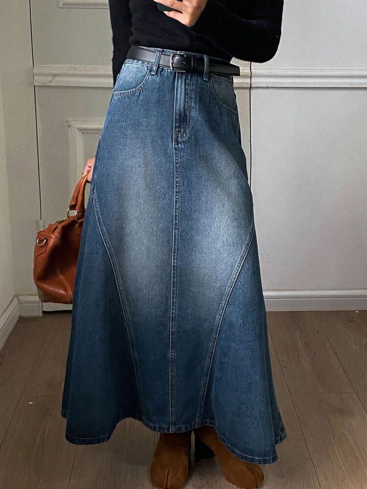 Women's Regular Waist Split Design Maxi Denim Skirt, Elegant City Casual Fishtail Skirt