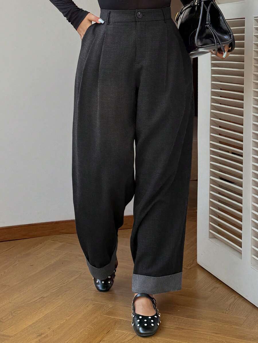 Dazy Plus Plus Size Women's Contrast Color Block Striped Hem Casual Loose Straight Leg Pants - Black - View 1