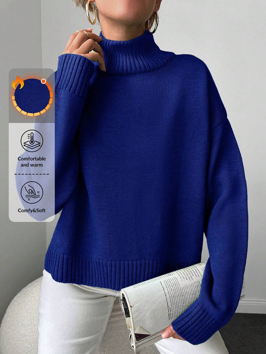 EURMUSE Suéter casual feminino de cor sólida com gola alta, outono/inverno - Azul - Ver 1