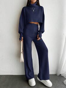 EURMUSE 2pcs Women Plain High Collar Long Sleeve Top And Pants Set - Navy Blue - View 5