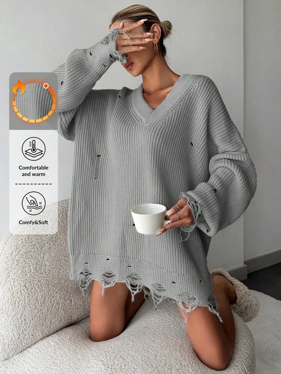 EURMUSE Women'S Drop Shoulder Sweater - Grey - View 1