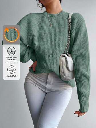 RueChic Solid Ribbed Knit Lantern Sleeve Sweater