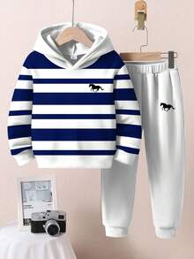 SHEIN Kleine Jungen 2 Stücke/Set Lässig Klassisch Marineblau gestreiftes Muster, detaillierter Pferde-Logo-Muster, locker sitzender Pullover Hoodie Sweatshirt Set, geeignet für Herbst/Winter - Verschiedenfarbig - Übersicht 2