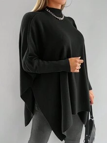EURMUSE Mock Neck Batwing Sleeve Sweater - Black - View 4