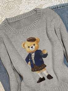 Attitoon Pulover cu mânecă lungă și guler rotund pentru femei, model de ursuleți de desene animate, potrivit pentru toamnă/iarnă - Gri - Vizualizare 5