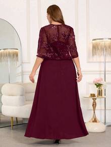 Ellevyn 大码女式优雅连衣裙，夏季长裙，带亮片刺绣，适合派对和聚会 - 酒紅色 - 查看 2