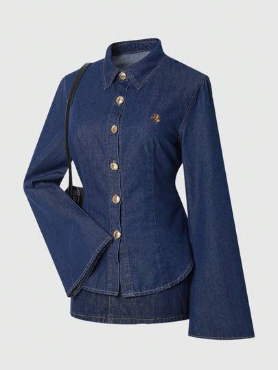 SHEIN MOD Blusa de mezclilla ajustada con mangas acampanadas y bordados, estilo casual y elegante para uso diario y viajes, con detalles dorados, ideal para primavera/otoño, invierno, Navidad, Año Nuevo, Acción de Gracias y fiestas