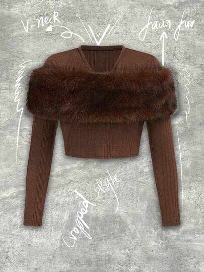 Y2Kool BiGraphic Camiseta de manga larga con cuello en V y crop top sexy de color marrón para mujer, con parches de piel sintética, ajustada, adecuada para uso diario y fiestas, colección de ropa de otoño/invierno en tonos marrones (café, marrón oscuro, chocolate) para Año Nuevo