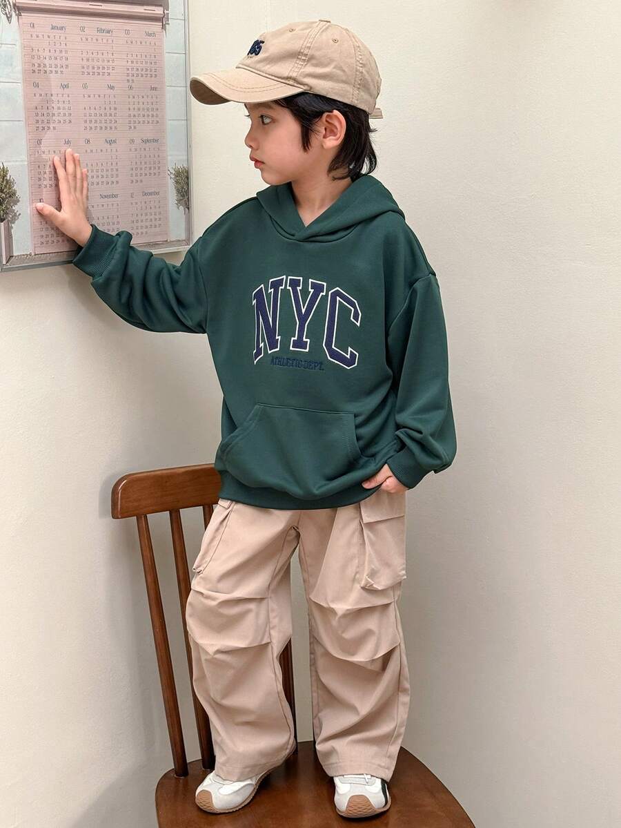 Genkimix Kids Young Boy Casual Loose Fit Drop Shoulder Long Sleeve Hoodie Sweatshirt Set - Dark Green - View 1