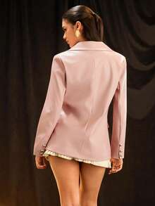 SHEIN Glamour 女式宽松休闲PU皮革西装外套，适合新年服装 - 粉色 - 查看 3