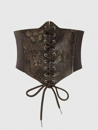 1pc Women Black Lace Chain Skull Cross Tie Decor Elastic Waistband Goth Dress Accessory For Halloween