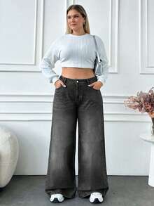 EURMUSE PLUS SIZE DENIM BAGGY WIDE LEG MID WAIST JEANS - Black - View 1