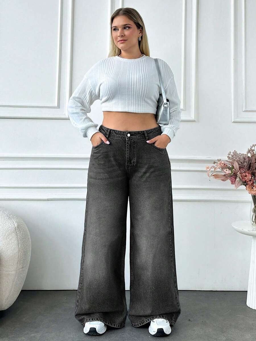 EURMUSE PLUS SIZE DENIM BAGGY WIDE LEG MID WAIST JEANS - Black - View 1
