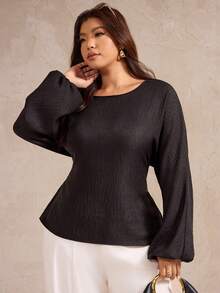 Elegantrix Blusa casual francesa de cuello redondo, cintura ceñida y mangas abullonadas para mujer de talla grande, otoño/invierno - Negro - Ver 6