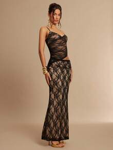 Silquee Elegant Black Floral Lace Transparent Maxi Dress,Summer Spaghetti Strap Asymmetrical V-Neck Slim See-Through Dress,Bar Party Date Evening Gown - Black - View 8