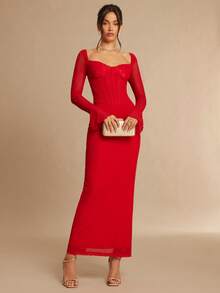 Silquee Đầm ôm dáng cổ tròn tay loe viền rau diếp thanh lịch dành cho nữ - Đỏ - Xem 1