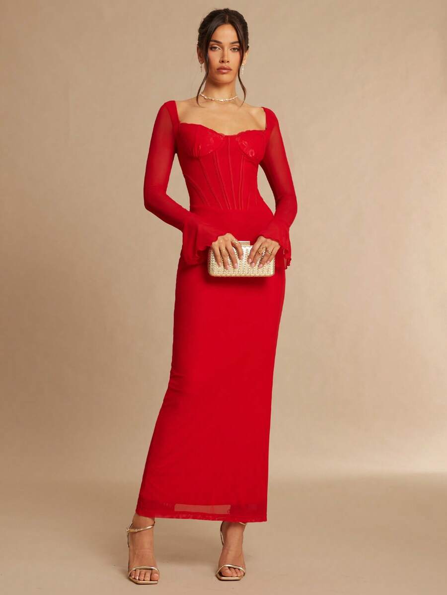 Silquee Đầm ôm dáng cổ tròn tay loe viền rau diếp thanh lịch dành cho nữ - Đỏ - Xem 1