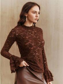 Anewsta Women's Elegant High Collar Semi-Sheer Lace Flare Sleeve Ruffle Hem Blouse, Brown, Autumn/Winter - Coffee Brown - View 6