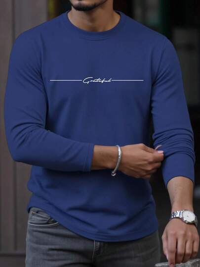 Manfinity Homme Men's Casual Basic Printed Crew Neck Long Sleeve T-Shirt Blue Tops For Men Casual Wear Men Men Full Sleeve Tshirt Royal Blue Shirt For Men Men Blue Sweatshirt