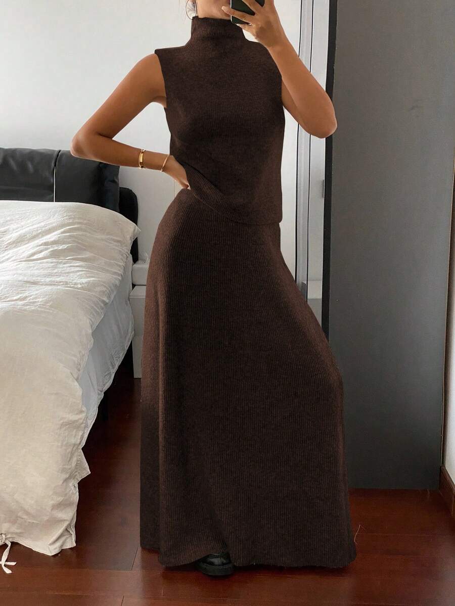 DAZY 2pcs Solid Color Fitted Turtleneck Sleeveless Top And Skirt Knit Sweater Set, Casual Elegant For Autumn/Winter - Coffee Brown - View 1