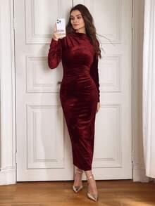 Louniche Women Elegant Velvet Asymmetric Ruffle Split Hem Dress Burgundy Maxi Women Outfit Fall Cloth For Women - Burgundy - View 1
