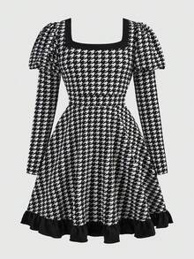 SHEIN 青少年女孩优雅简约方领羊腿袖千鸟格图案连衣裙 - 黑色 - 查看 5