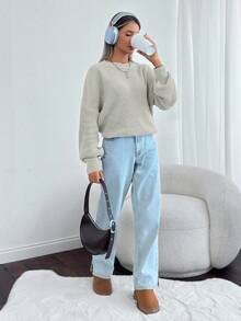 EURMUSE Women Solid Color Round Neck Drop Shoulder Chunky Pullover - Cream - View 6