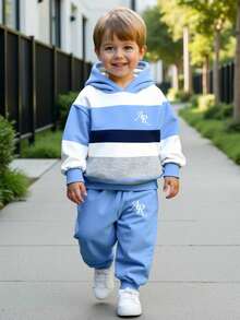SHEIN 2 Stücke/Set Lässiger, stilvoller, klassischer Farbblock Loose Fit Hoodie Sweatshirt und Jogginghose Set für Kleine Jungen, geeignet für Herbst/Winter - Verschiedenfarbig - Übersicht 1