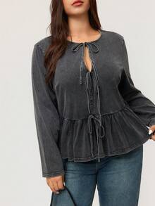 Elaquor 大码女式纯色打结荷叶边下摆休闲长袖开衫