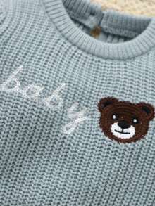 Baby Boys Ice Blue Sweater Jumpsuit With Bear & Letter Embroidery,Cute Round Neck Long Sleeve Knit Romper For Autumn,Family Matching Newborn Clothes - Baby Blue - View 4