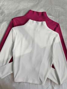 Noixe 2pcs Women Velvet Thin Zip-Up Jacket, White & Burgundy, Casual Street Style, Fitted Long Sleeve, Autumn