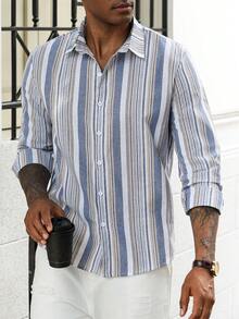 Manfinity Homme 男士秋季新款长袖衬衫休闲通勤百搭条纹长袖衬衫前扣休闲衬衣秋季礼物送男朋友或者老公都很适合单排扣休闲衬衫，秋季 - 彩色 - 查看 5