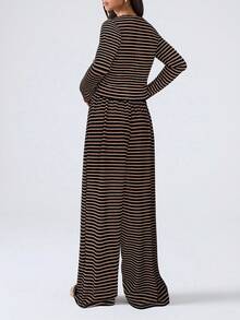 LYSMO Set de 2 piezas de top de manga larga y pantalones a rayas de punto suave y casual para mujer