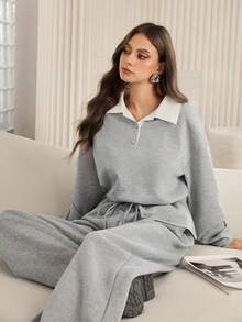 Mulvari Sudadera de mujer con cuello polo, cintura ceñida y contraste de color floral - Gris - Ver 6