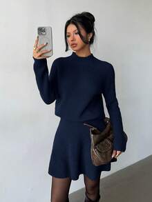 Elenzga 女款優雅海軍藍珍珠針織A字裙套裝，高領毛衣與極簡街頭風裙子，適合秋季早午餐派對 - 藏蓝色 - 查看 4