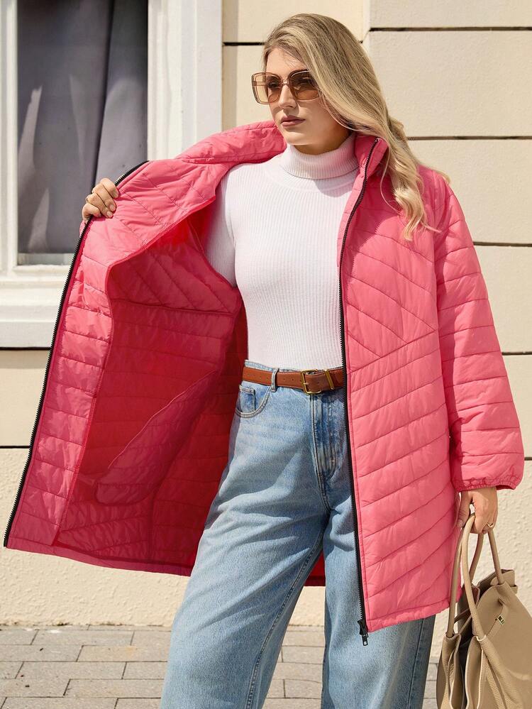 Manteau rembourré à capuche avec fermeture éclair, patchwork de couleur unie et fausse fourrure, pour femmes de grande taille. Manteau d'hiver rose élégant et pour femmes, collection de mode d'hiver chaud pour femme