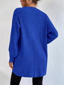EURMUSE Drop Shoulder Open Front Ribbed Knit Duster Cardigan - Blue - View 2