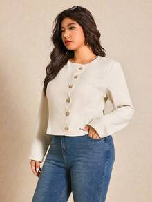 Elaquor Damen Große Größen Bluse mit Metallseesteindekoration, Rundhalsausschnitt, Langarm, Modisch - Aprikosenfarben - Übersicht 5